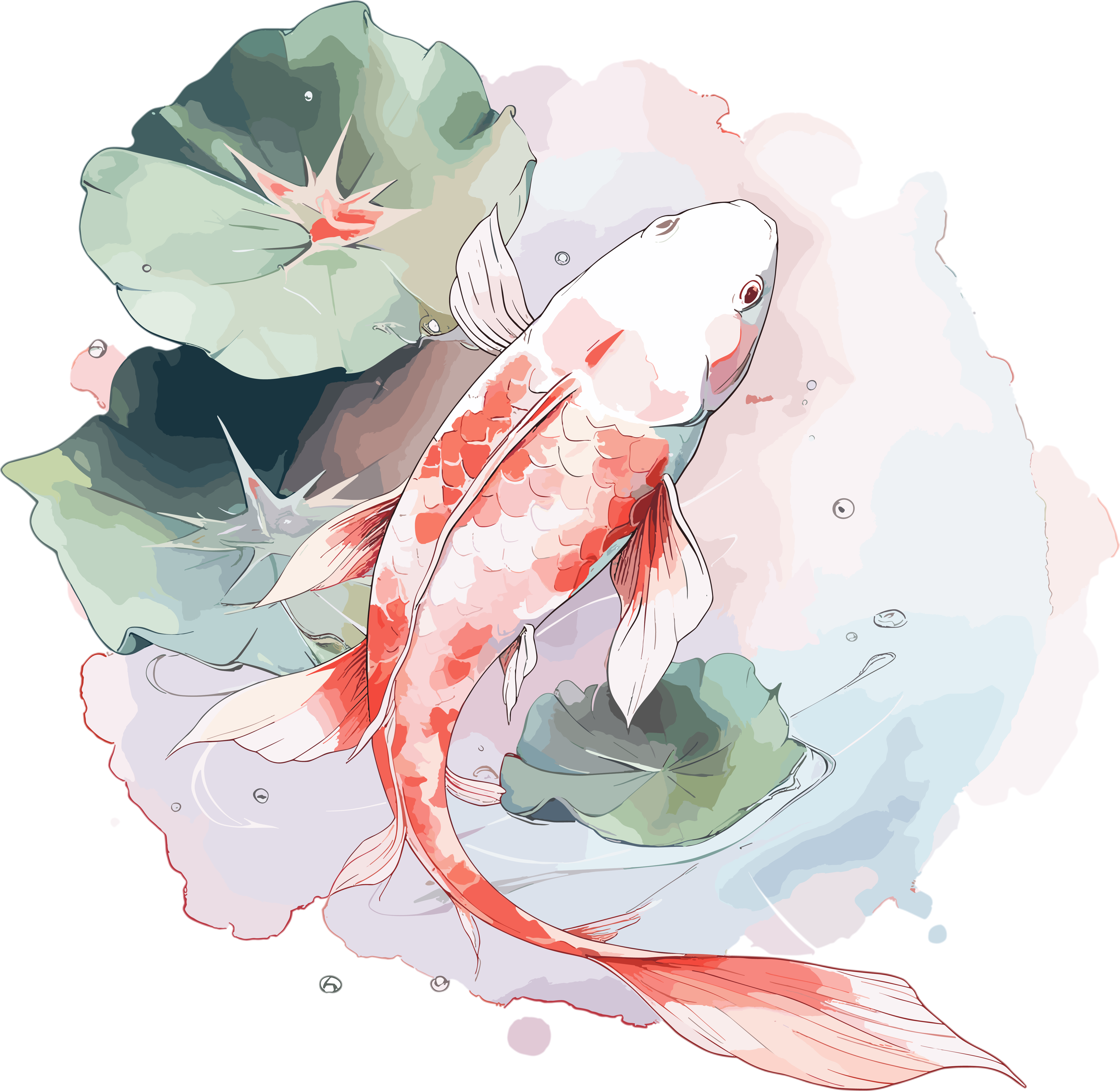 Koi Fish Lotus Leaf Watercolor Material