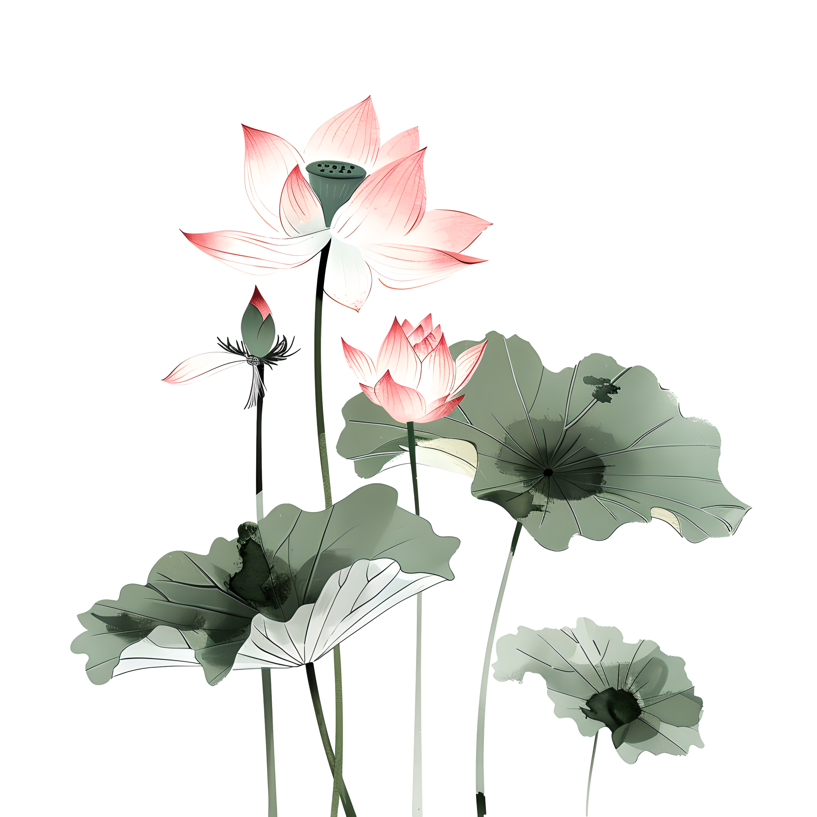 Chinese ink wash painting illustration of lotus flowers