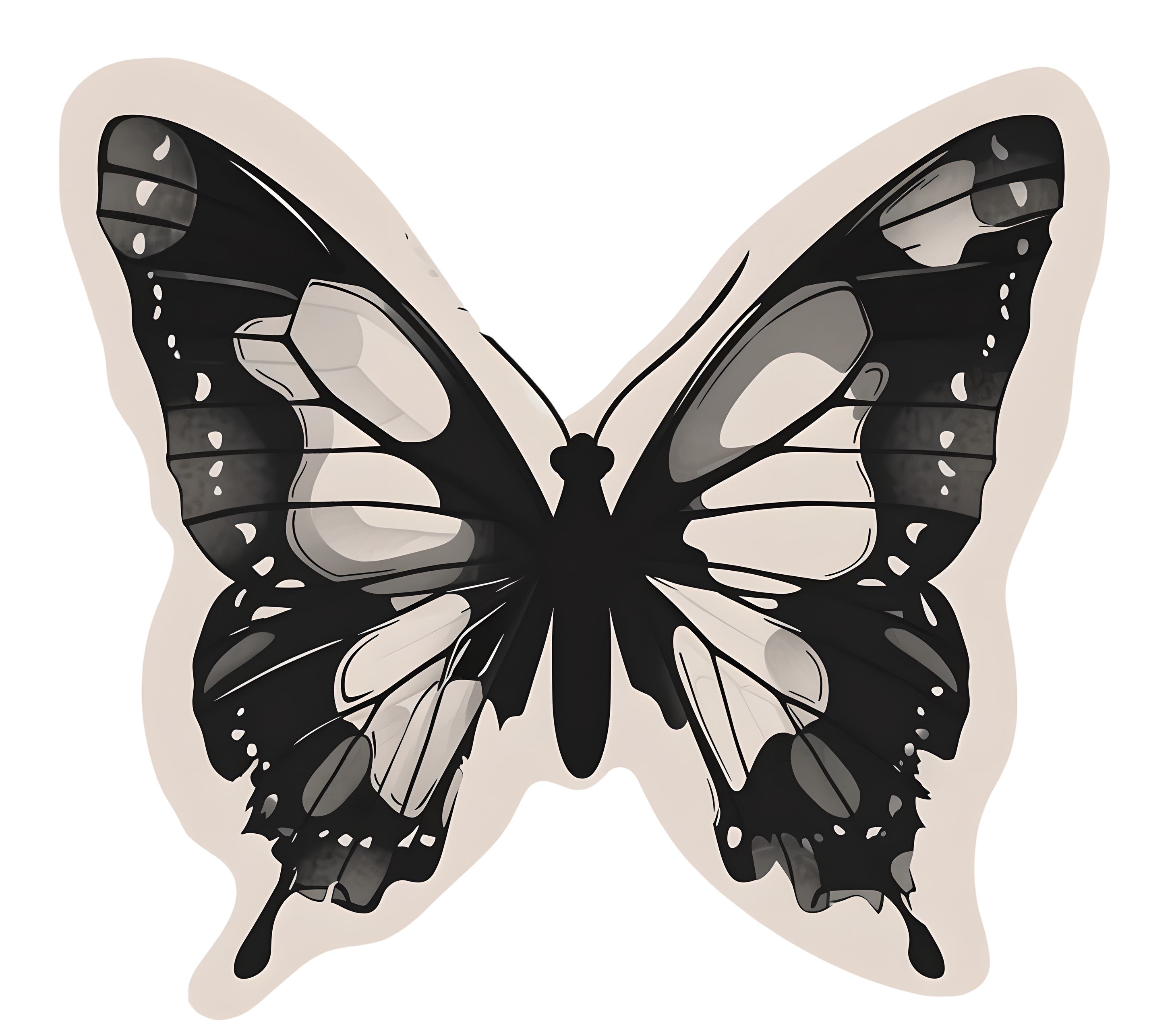 Black and white butterfly sticker retro style illustration