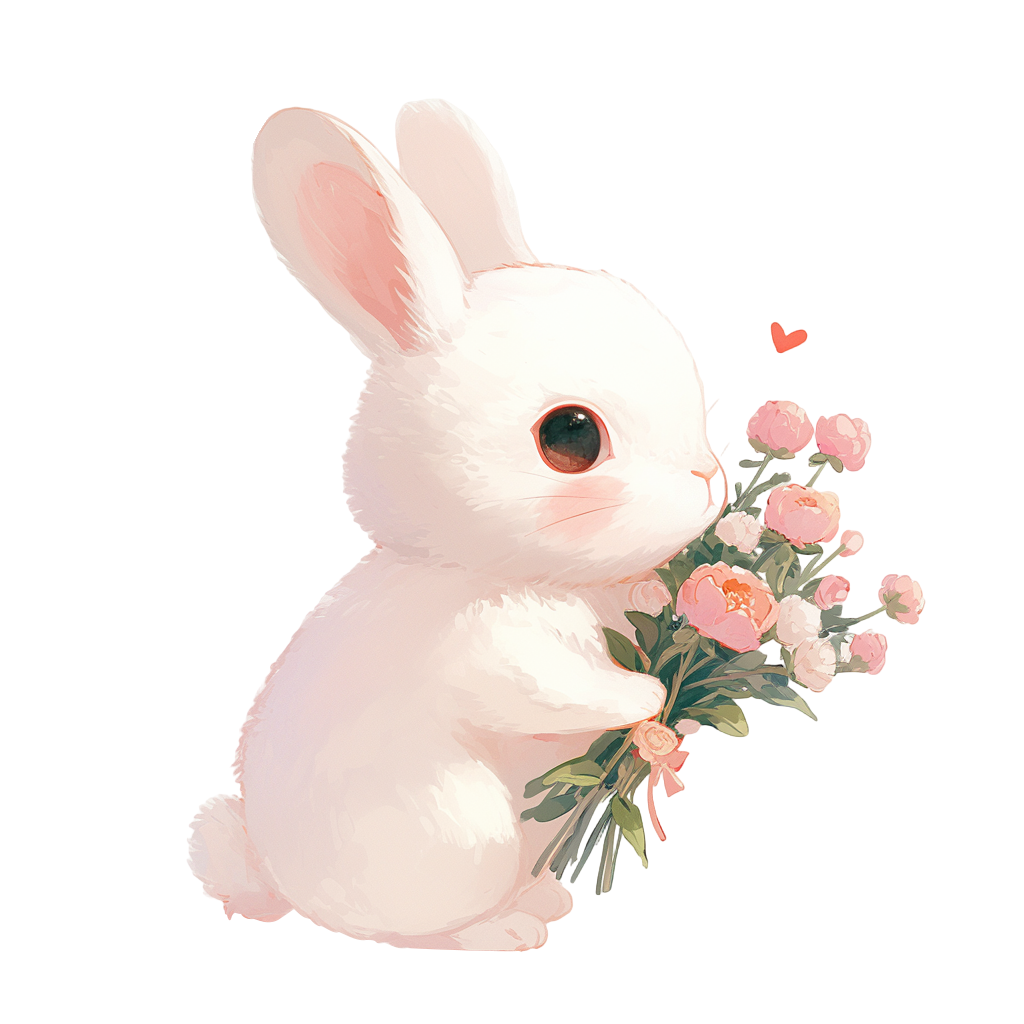 Illustration of a rabbit holding flowers