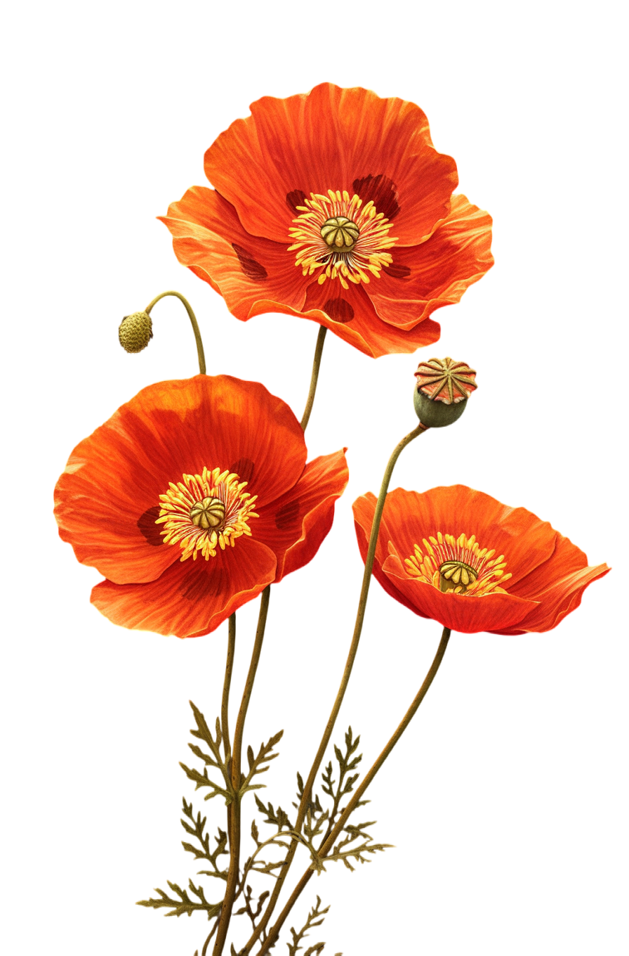 Three red poppy flower materials